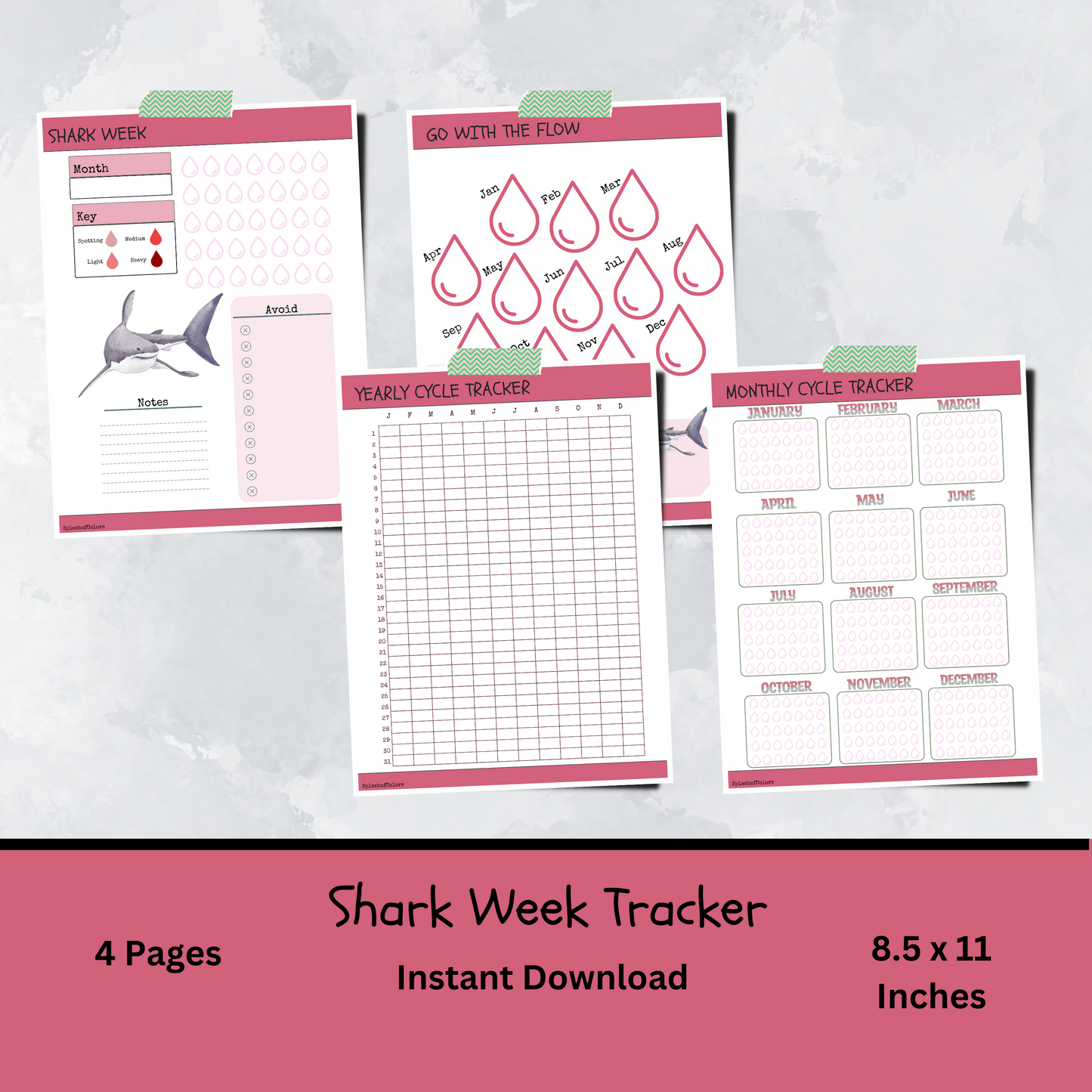 Printable Yearly and Monthly Cycle Tracker, Menstrual Journal for Shark Week