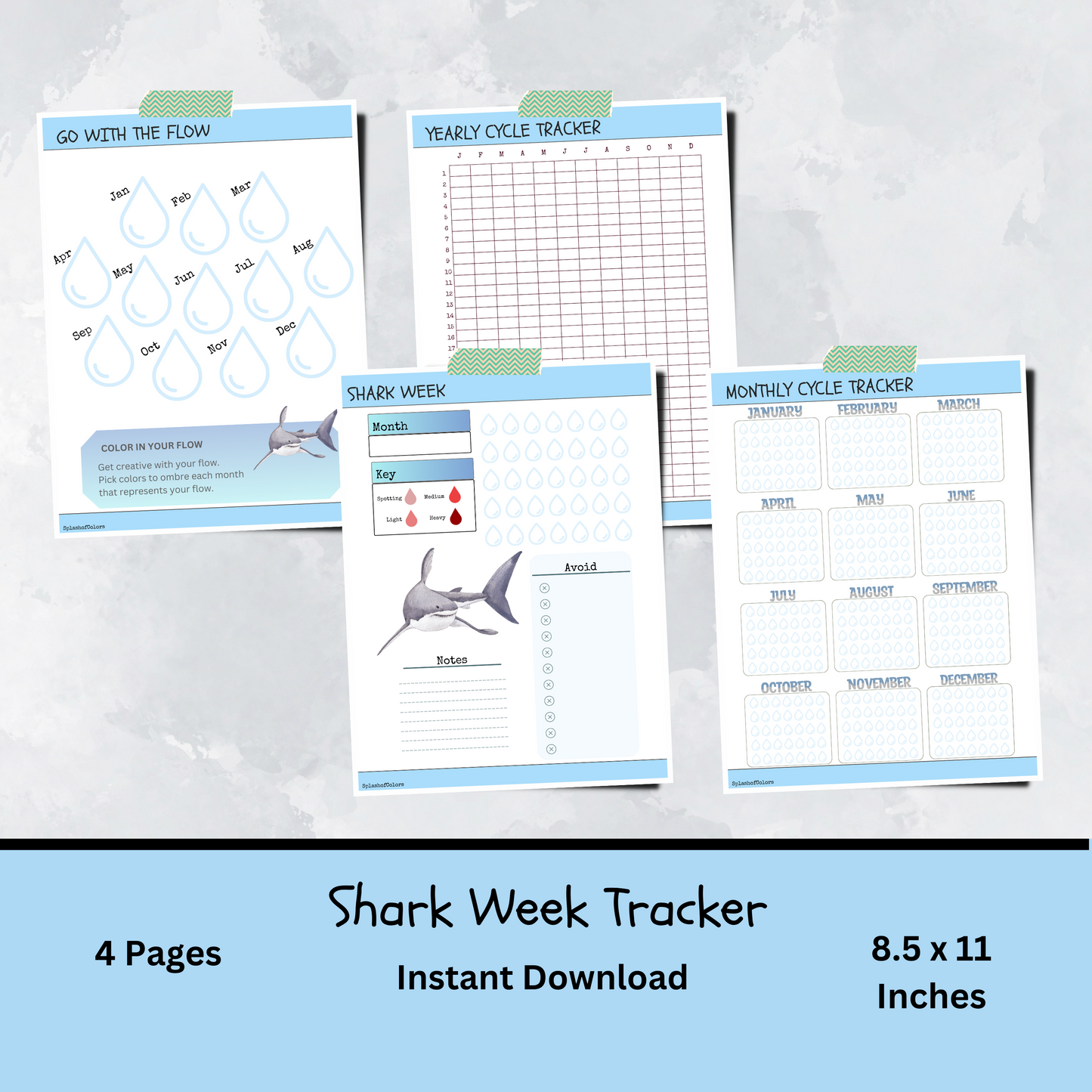 Printable Yearly and Monthly Cycle Tracker, Menstrual Journal for Shark Week