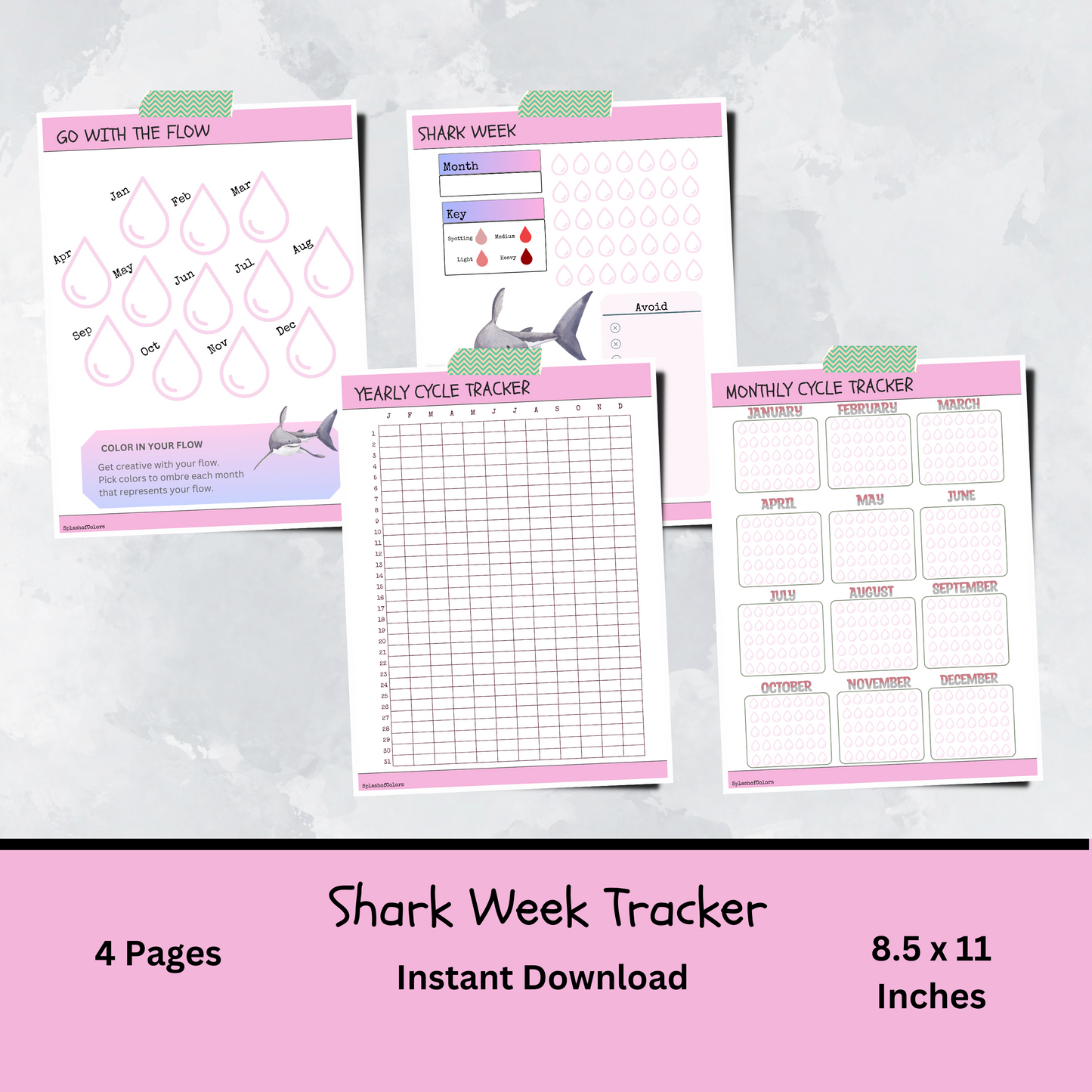 Printable Yearly and Monthly Cycle Tracker, Menstrual Journal for Shark Week