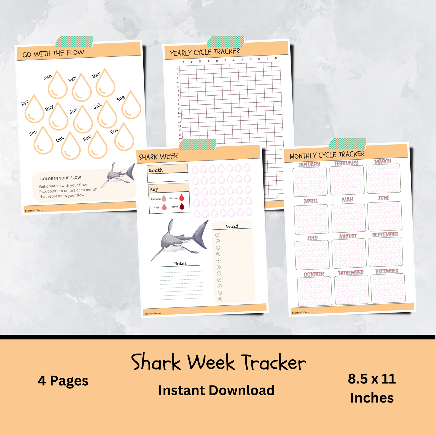 Printable Yearly and Monthly Cycle Tracker, Menstrual Journal for Shark Week