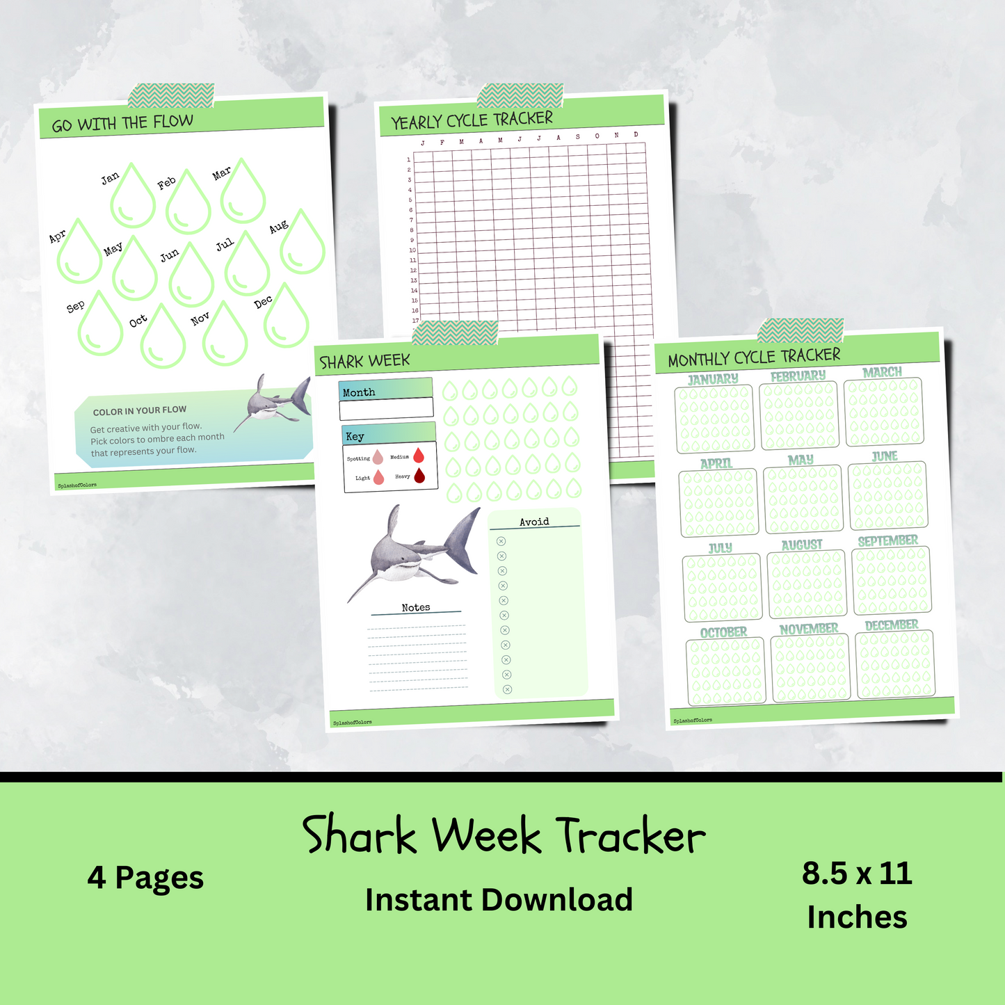 Printable Yearly and Monthly Cycle Tracker, Menstrual Journal for Shark Week