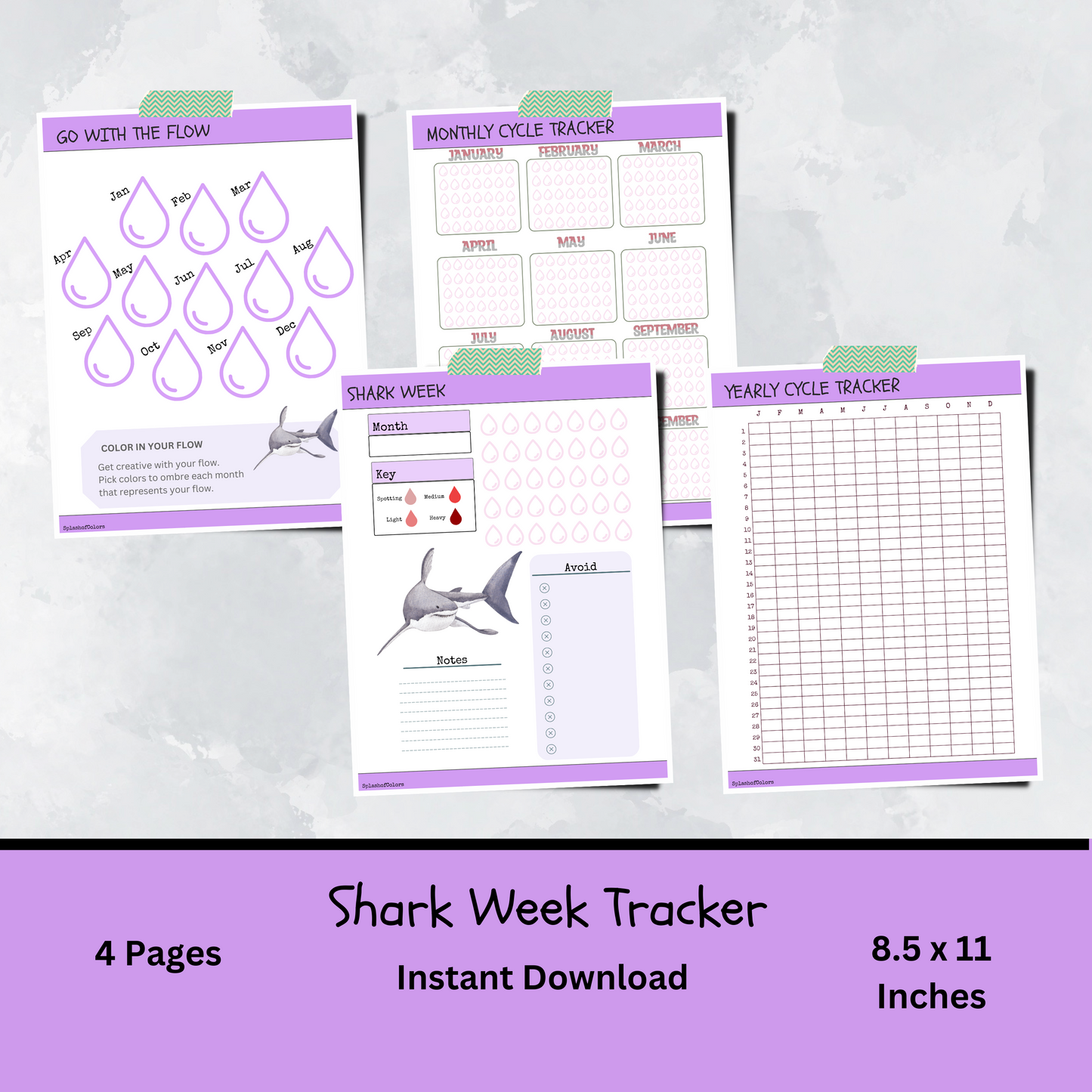 Printable Yearly and Monthly Cycle Tracker, Menstrual Journal for Shark Week