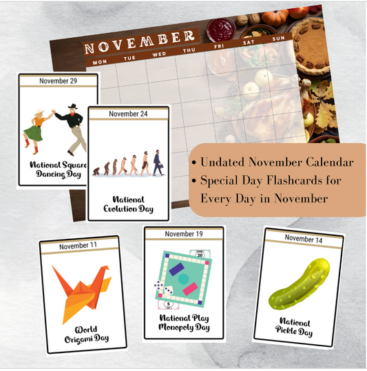 November National Days Flashcards and FREE Undated November Printable Calendar