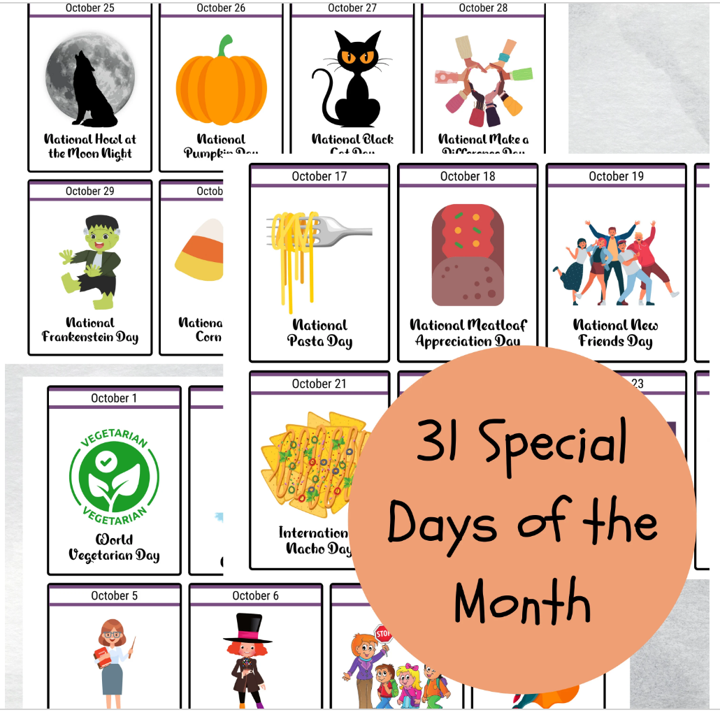 October National Days Flashcards and FREE Undated October Printable Calendar