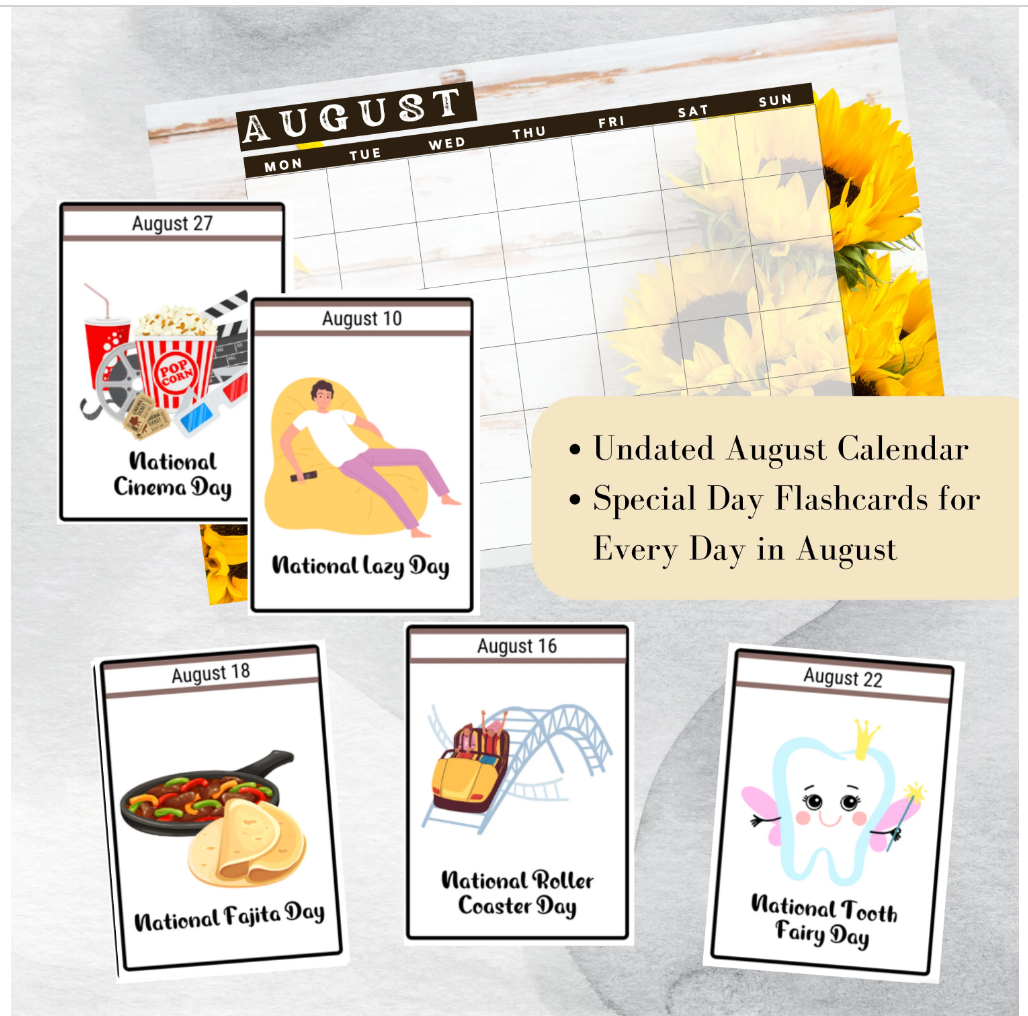 August National Days Flashcards and FREE Undated August Printable Calendar