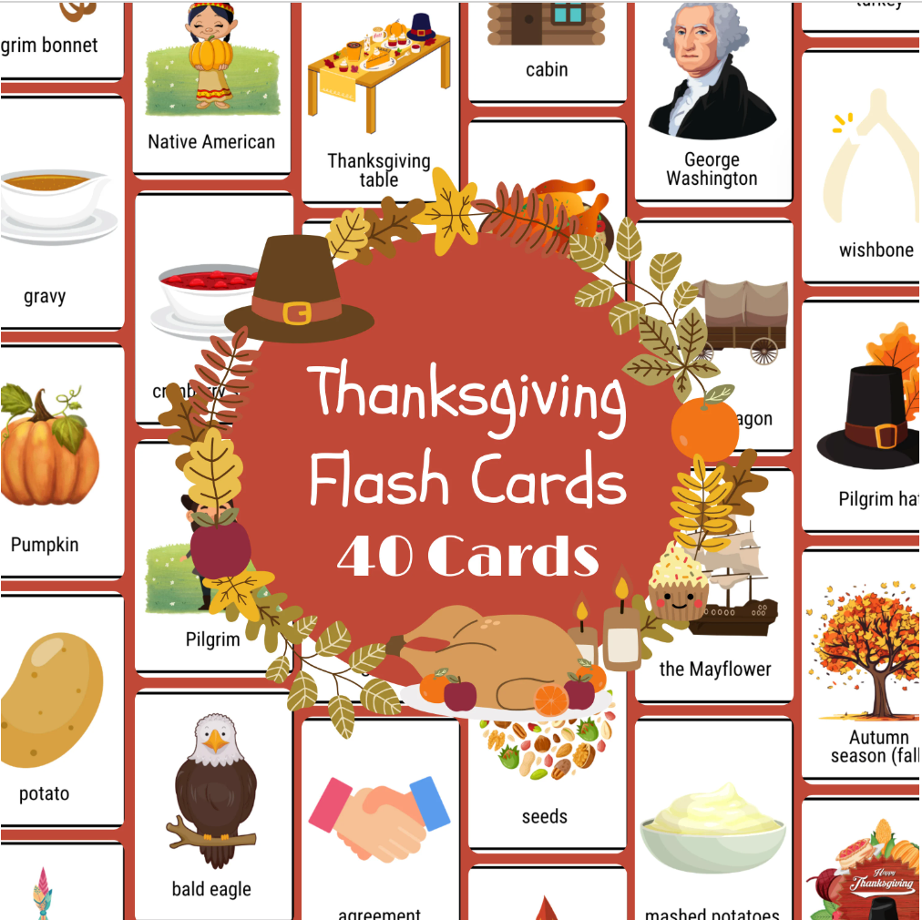 40 Thanksgiving Flashcards, Autumn Flash Cards for Kids, Montessori Inspired