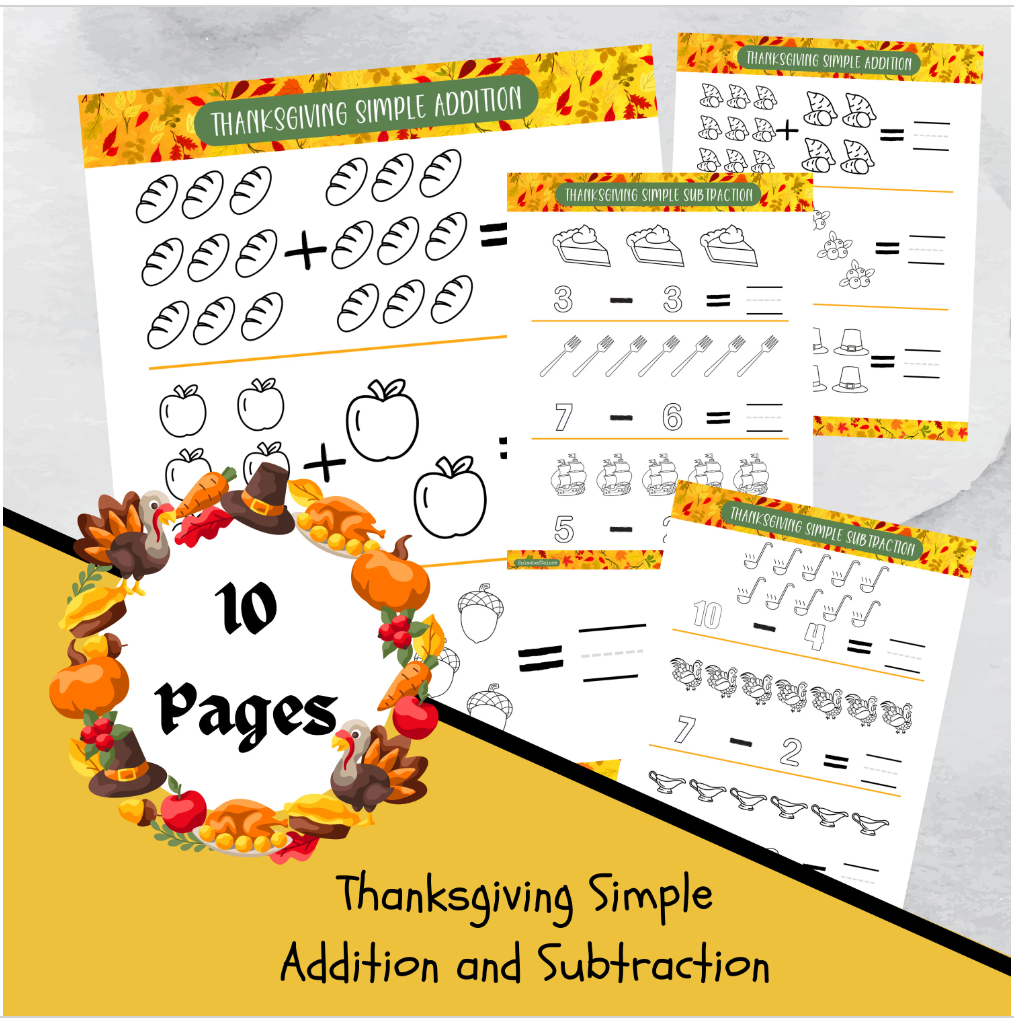 Simple Addition and Subtraction Fall Themed Math Worksheet Printables, Autumn Counting Templates