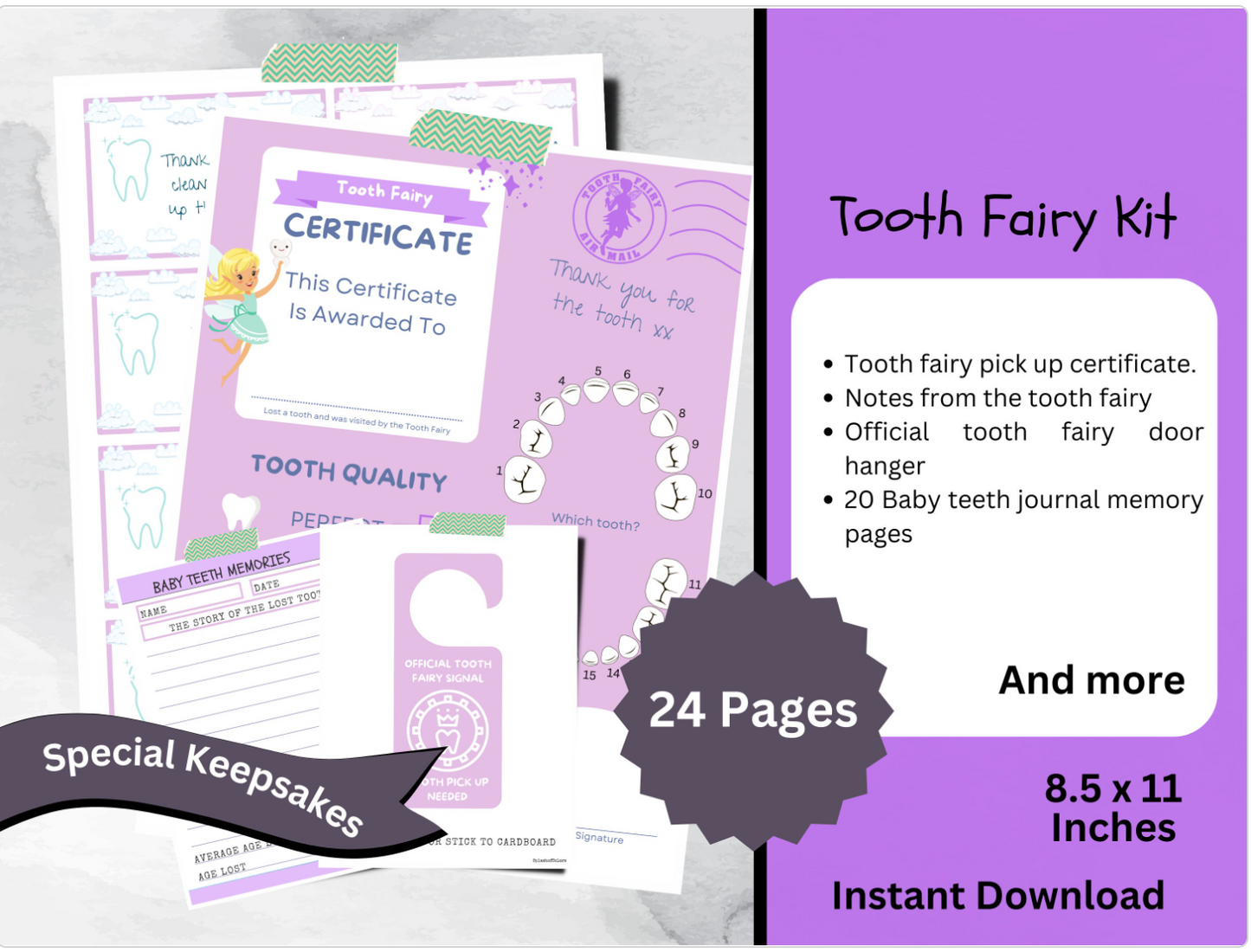 Printable Tooth Fairy Kit With Certificate, Note Cards, Door Hanger & Memory Journal