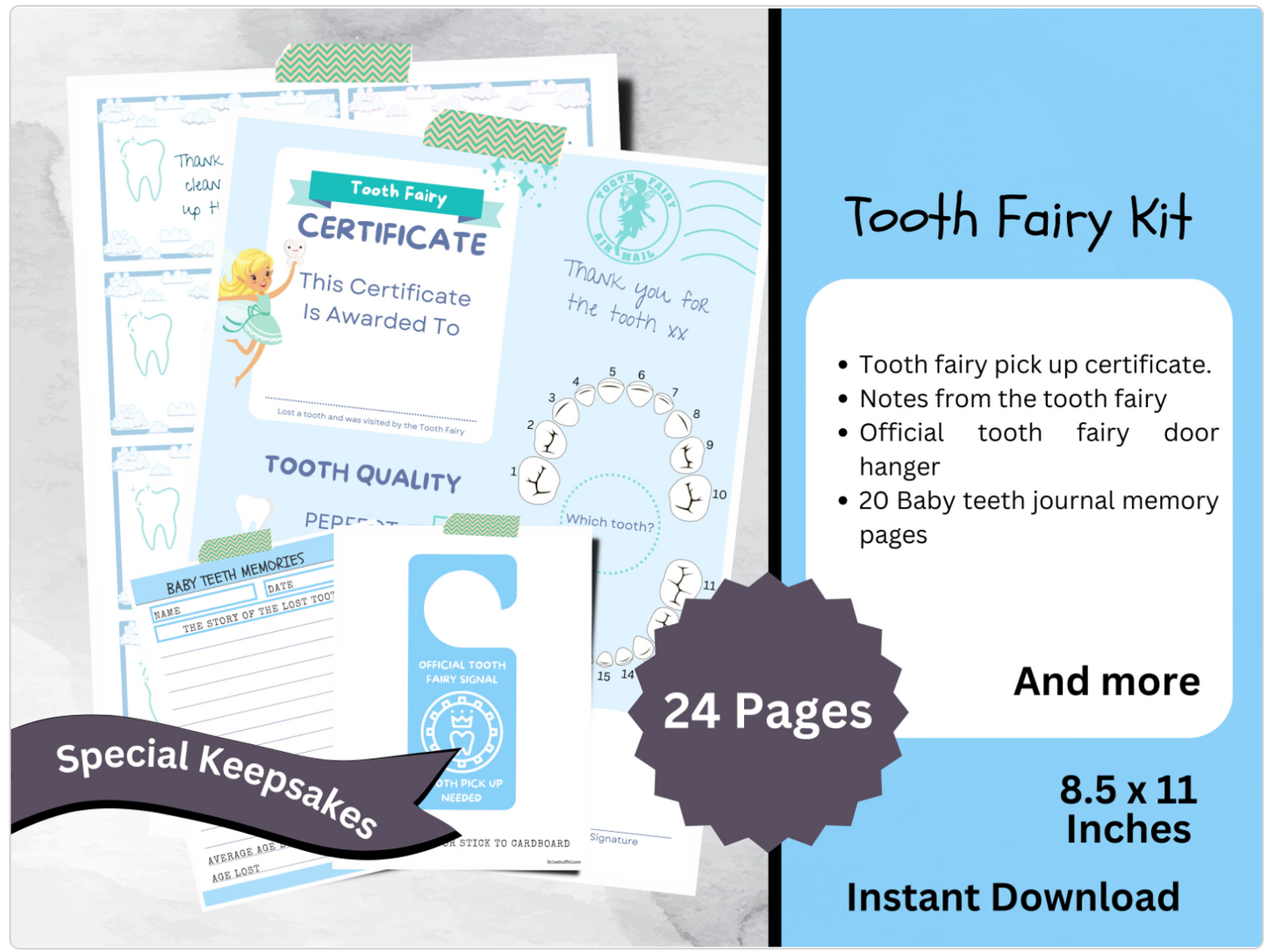 Printable Tooth Fairy Kit With Certificate, Note Cards, Door Hanger & Memory Journal