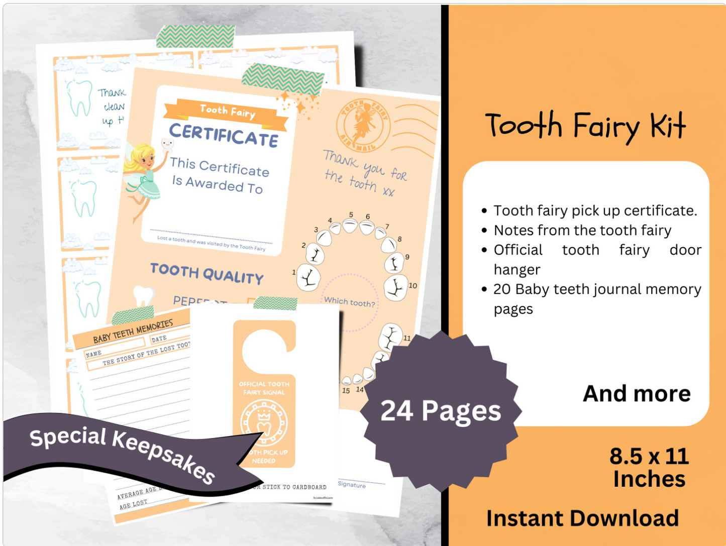 Printable Tooth Fairy Kit With Certificate, Note Cards, Door Hanger & Memory Journal