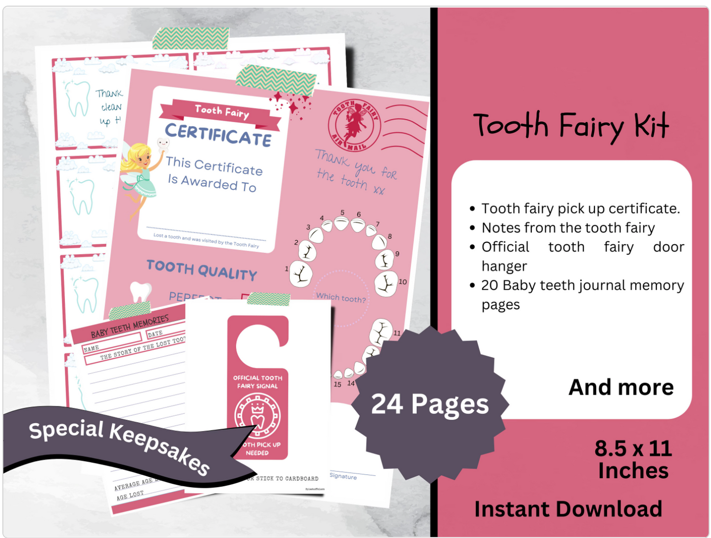 Printable Tooth Fairy Kit With Certificate, Note Cards, Door Hanger & Memory Journal