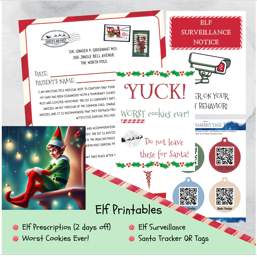 Elf Printable Prescription, Worst Cookies Ever Page, Elf Surveillance Notice Sign, Santa Tracker QR Code Tag Ornaments