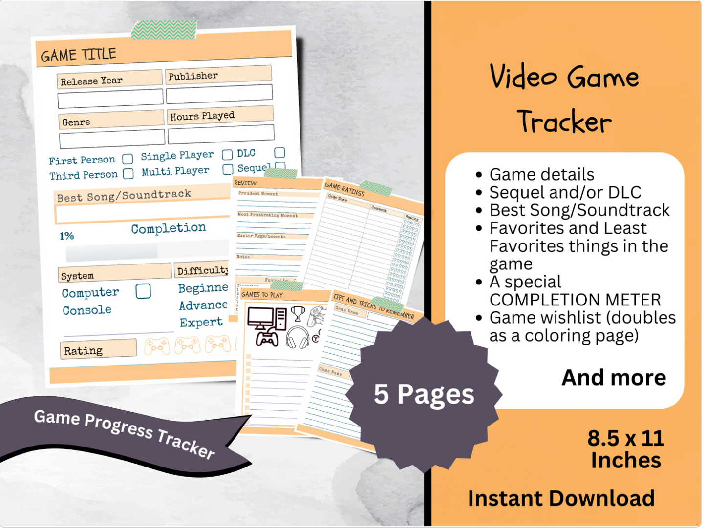 Printable Video Game Journal, Gaming Achievement and Goal Tracker