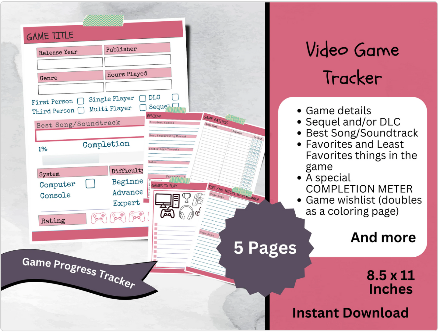 Printable Video Game Journal, Gaming Achievement and Goal Tracker