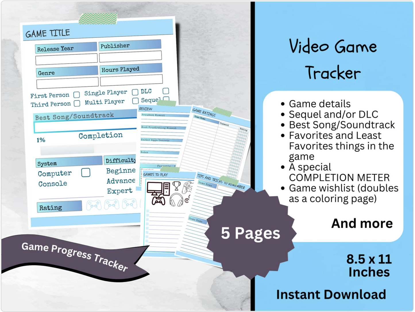 Printable Video Game Journal, Gaming Achievement and Goal Tracker