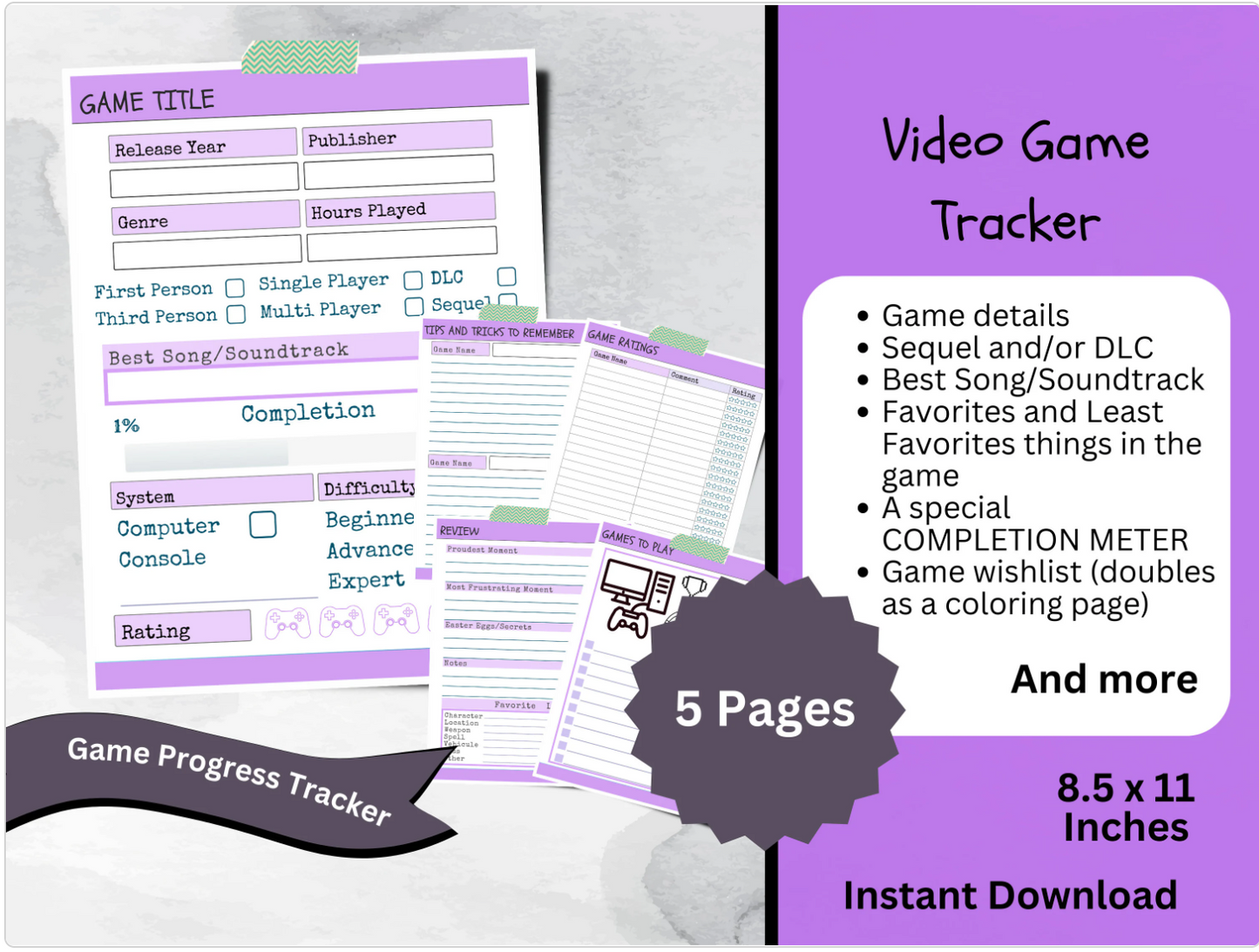 Printable Video Game Journal, Gaming Achievement and Goal Tracker