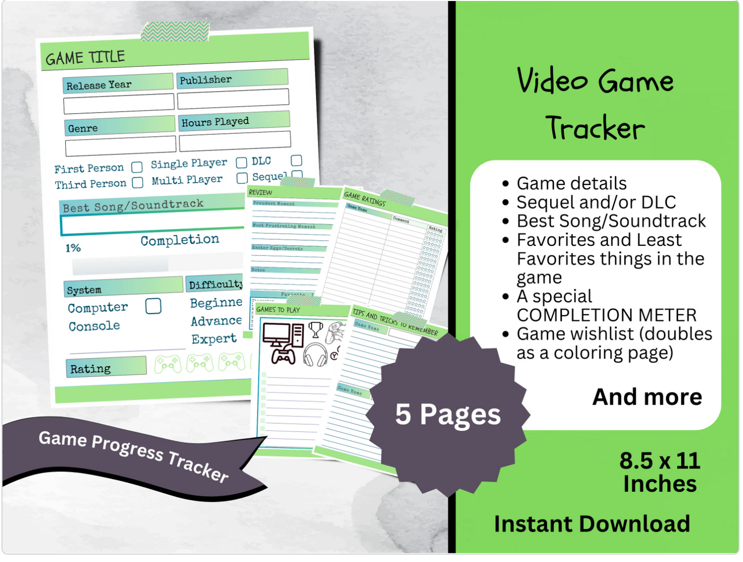 Printable Video Game Journal, Gaming Achievement and Goal Tracker