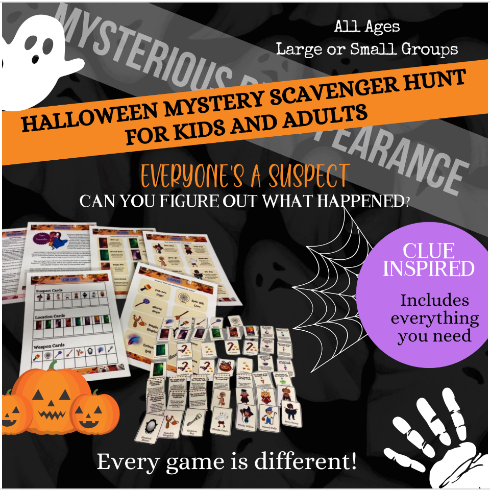 Halloween Murder Mystery Scavenger Hunt Game for Kids and Adults, Clue Inspired