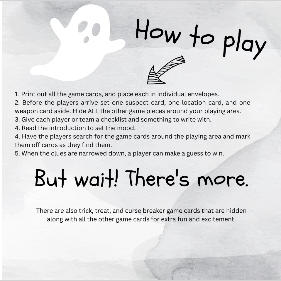 Halloween Murder Mystery Scavenger Hunt Game for Kids and Adults, Clue Inspired