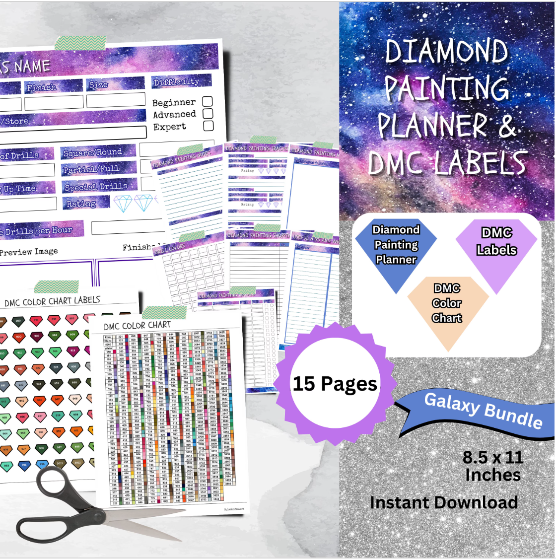 Printable Diamond Painting Planner Bundle with Dmc Color Label Stickers & Dmc Color Chart