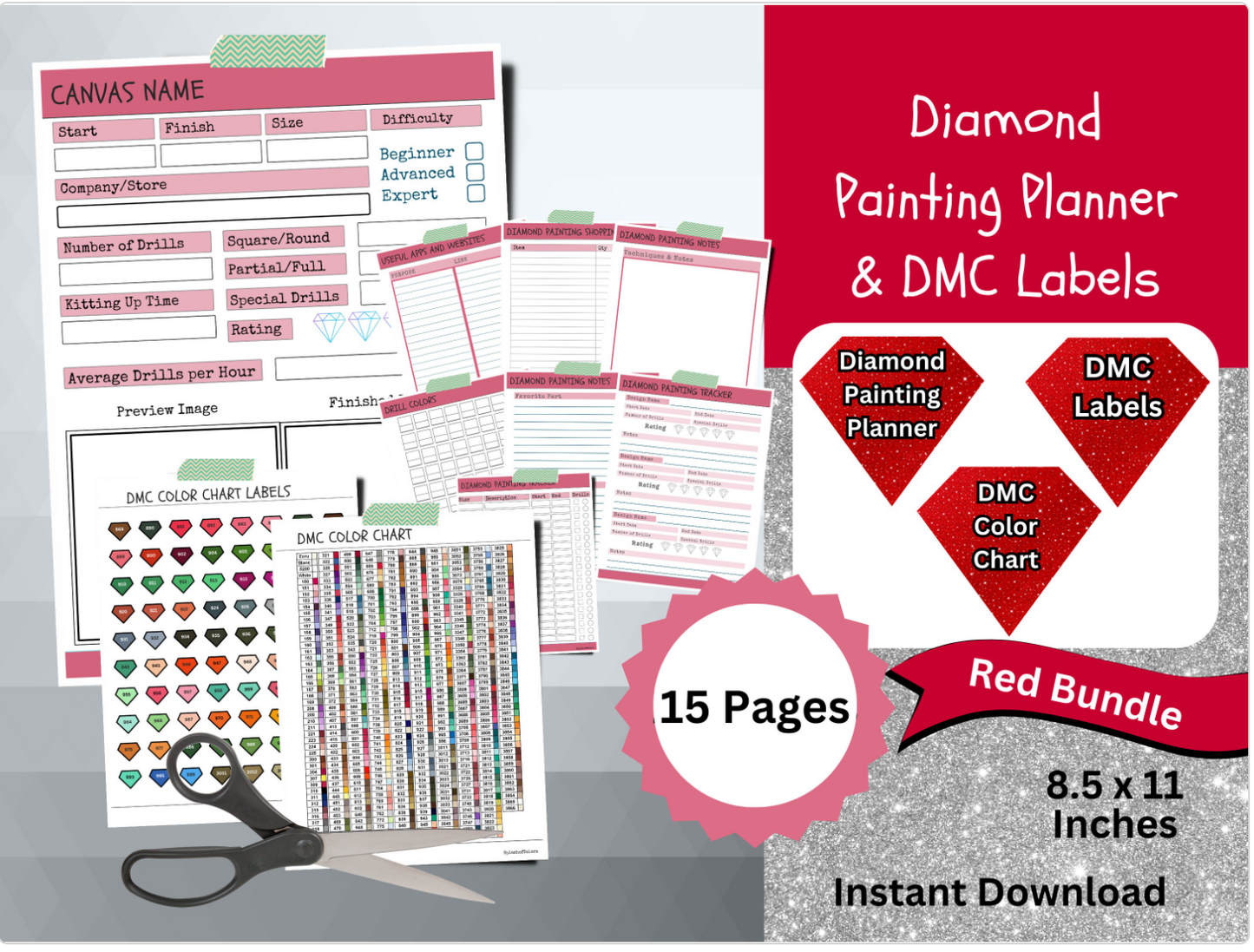 Printable Diamond Painting Planner Bundle with Dmc Color Label Stickers & Dmc Color Chart