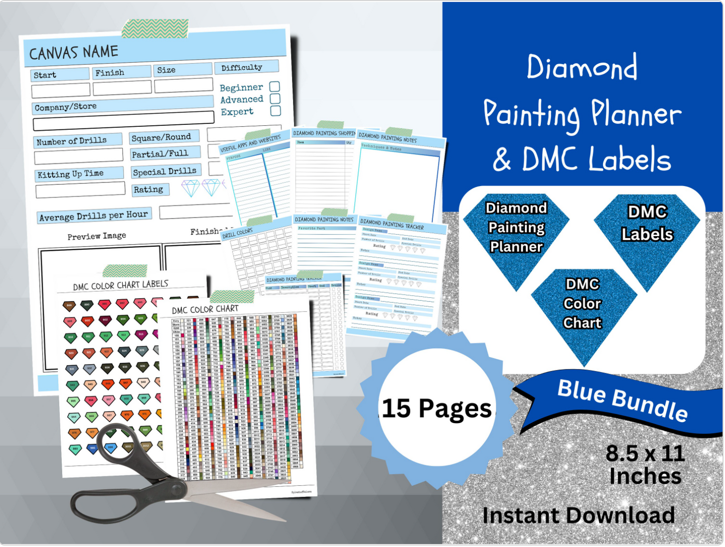 Printable Diamond Painting Planner Bundle with Dmc Color Label Stickers & Dmc Color Chart