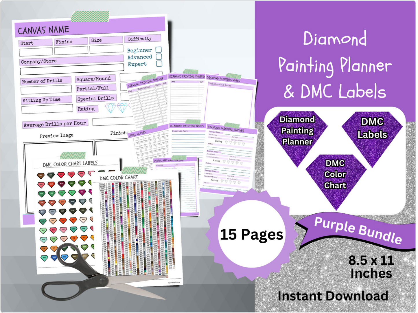 Printable Diamond Painting Planner Bundle with Dmc Color Label Stickers & Dmc Color Chart