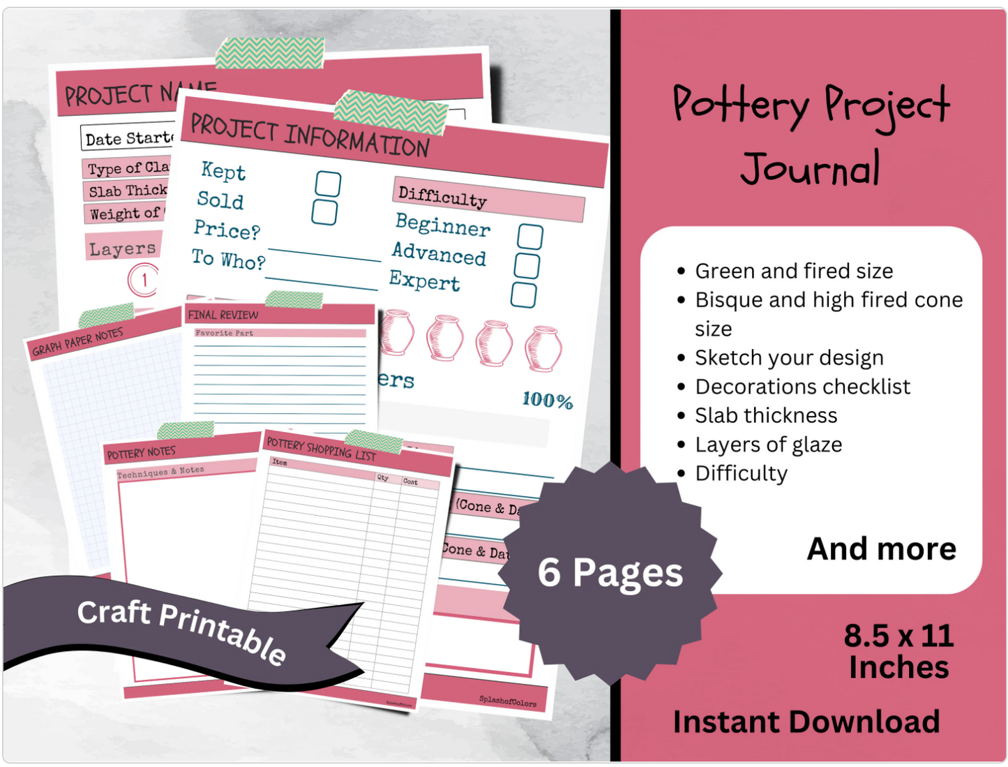 Printable Pottery Ceramic Project Planner Journal