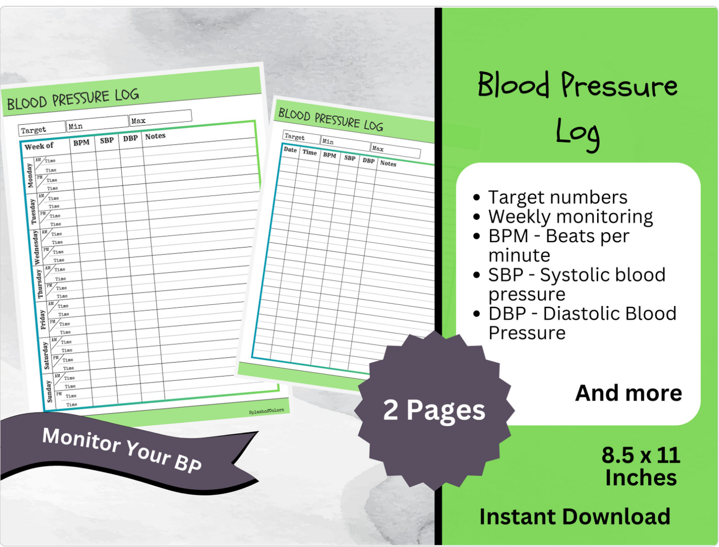 Printable Blood Pressure Log With Heart Rate Tracker, Daily Healthy Habits