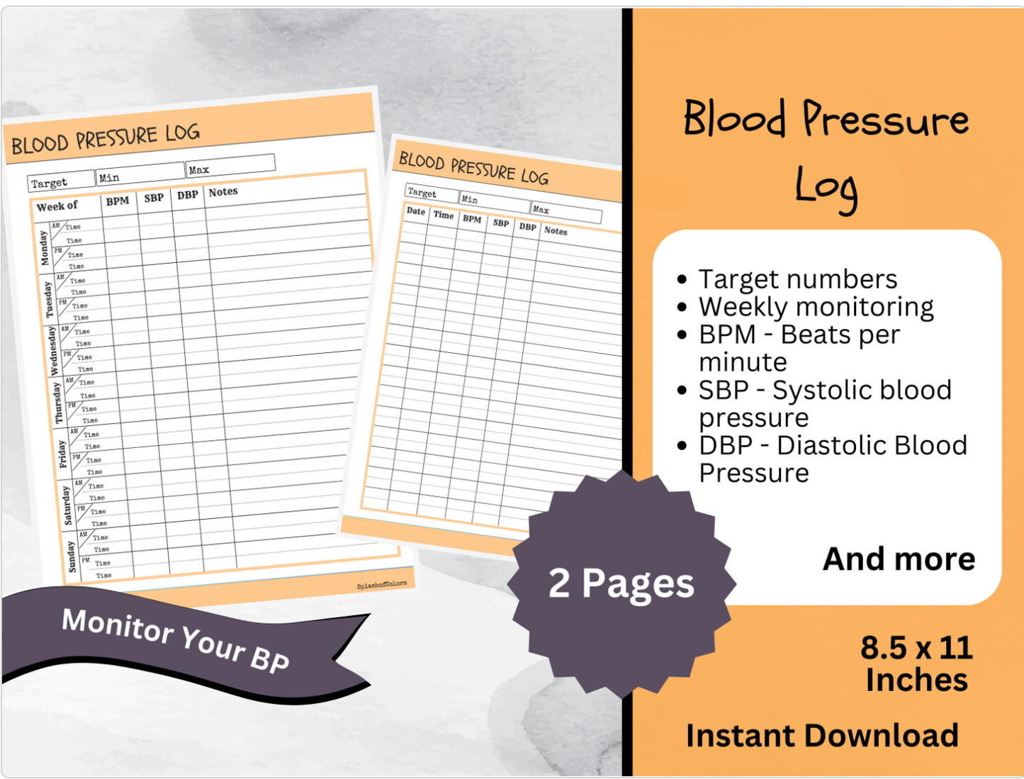 Printable Blood Pressure Log With Heart Rate Tracker, Daily Healthy Habits