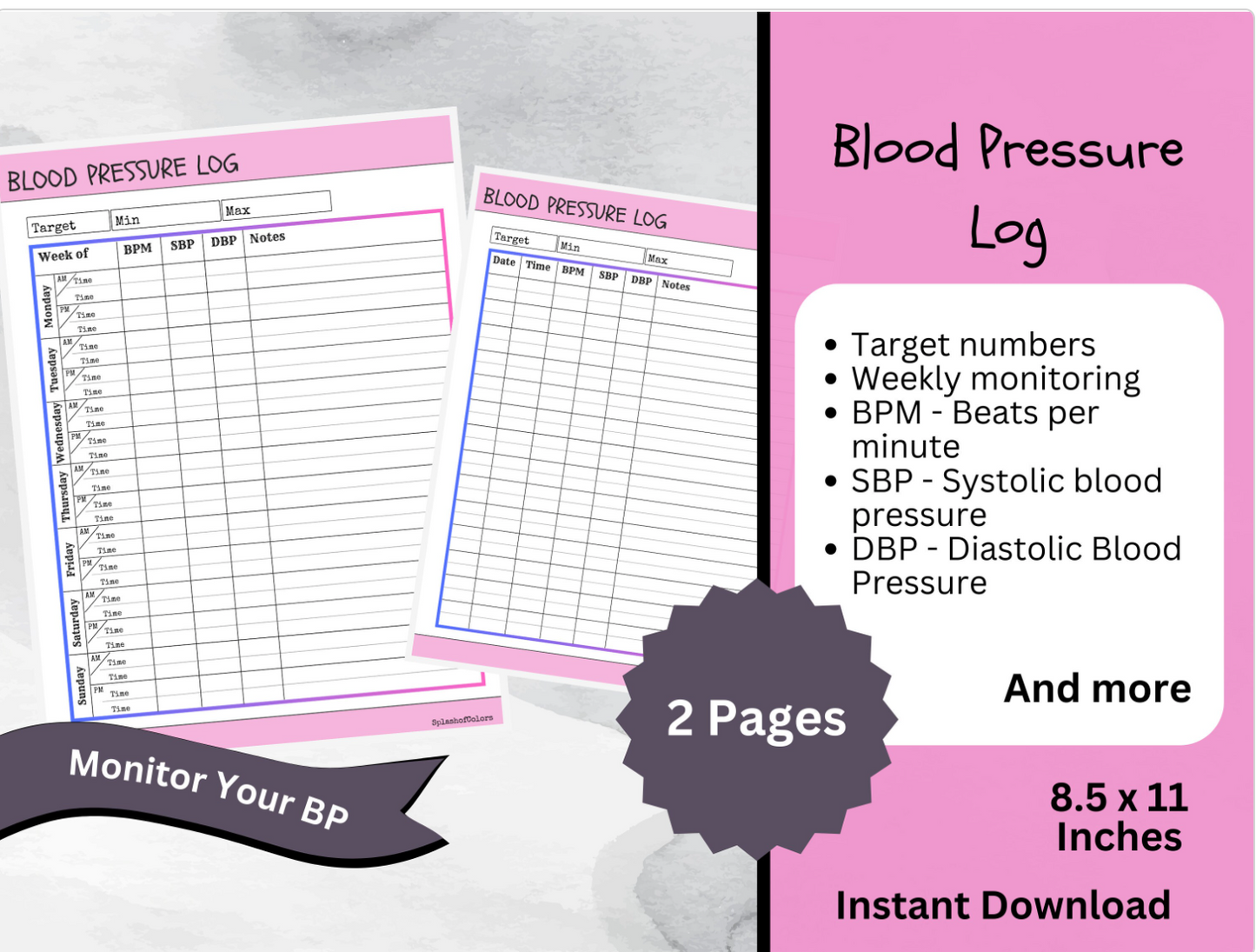 Printable Blood Pressure Log With Heart Rate Tracker, Daily Healthy Habits