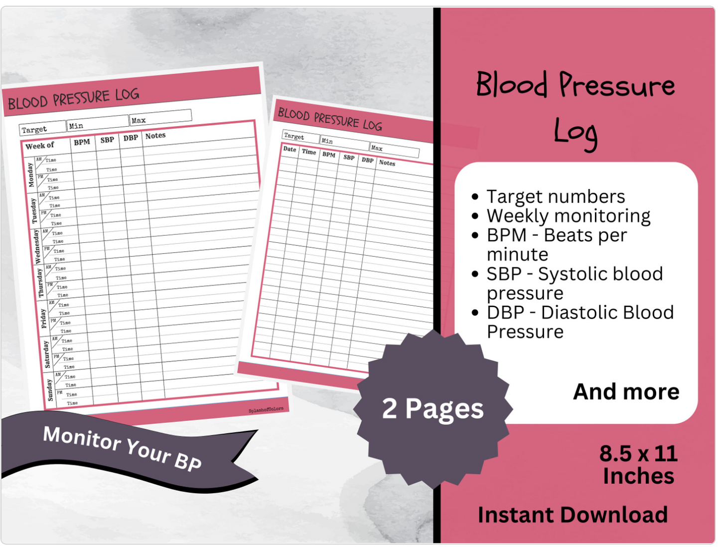 Printable Blood Pressure Log With Heart Rate Tracker, Daily Healthy Habits