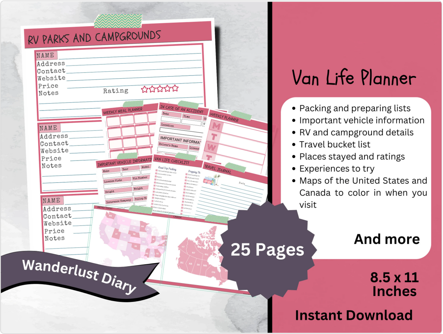 Printable Van Life Planner, Road Trip Travel Itinerary, RV Organization