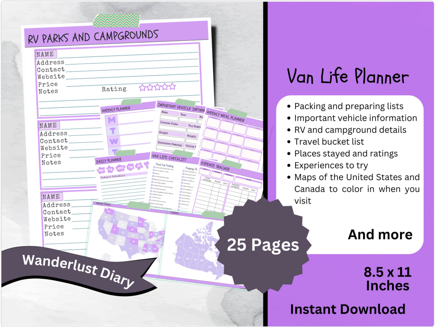 Printable Van Life Planner, Road Trip Travel Itinerary, RV Organization