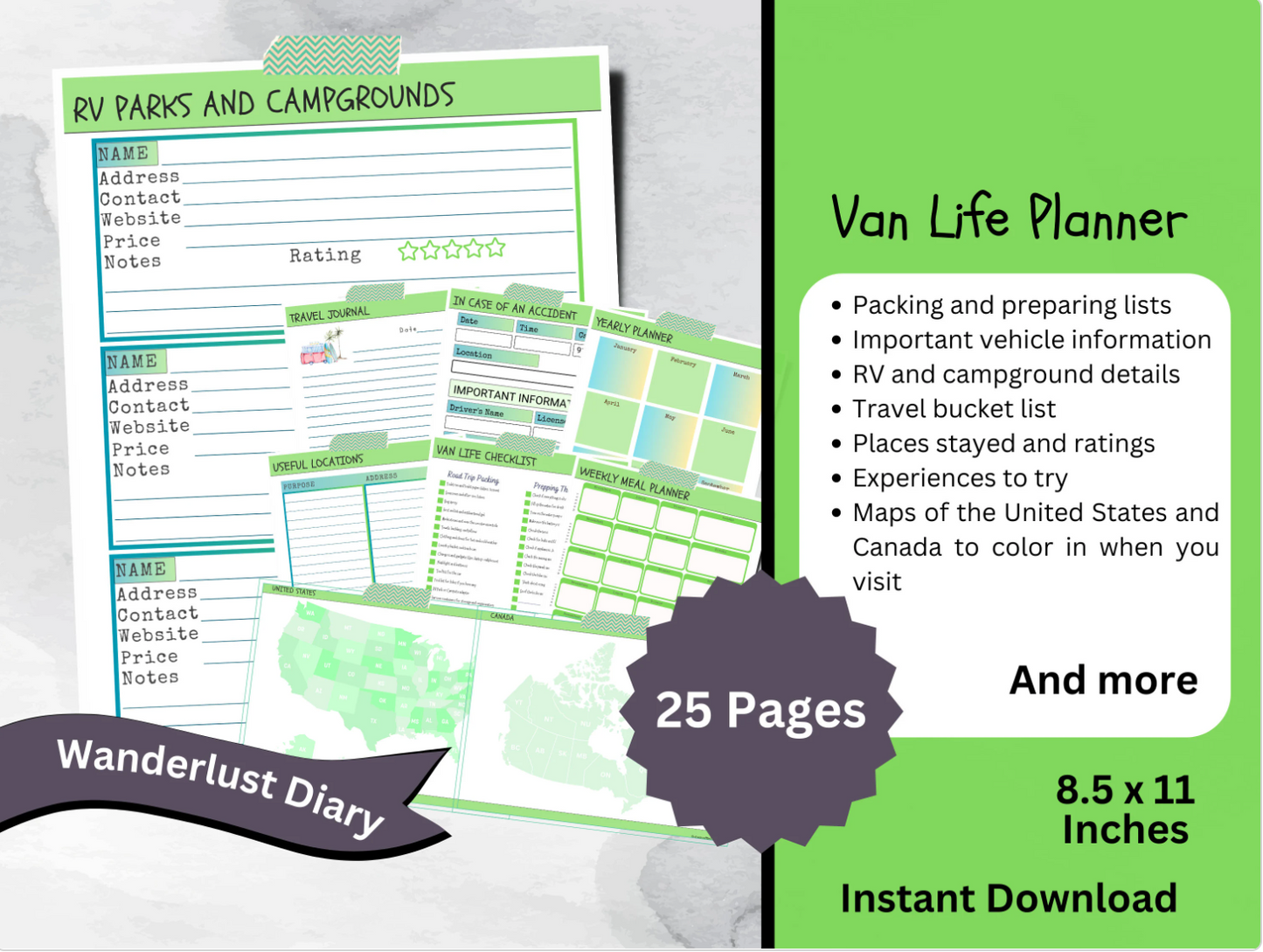 Printable Van Life Planner, Road Trip Travel Itinerary, RV Organization