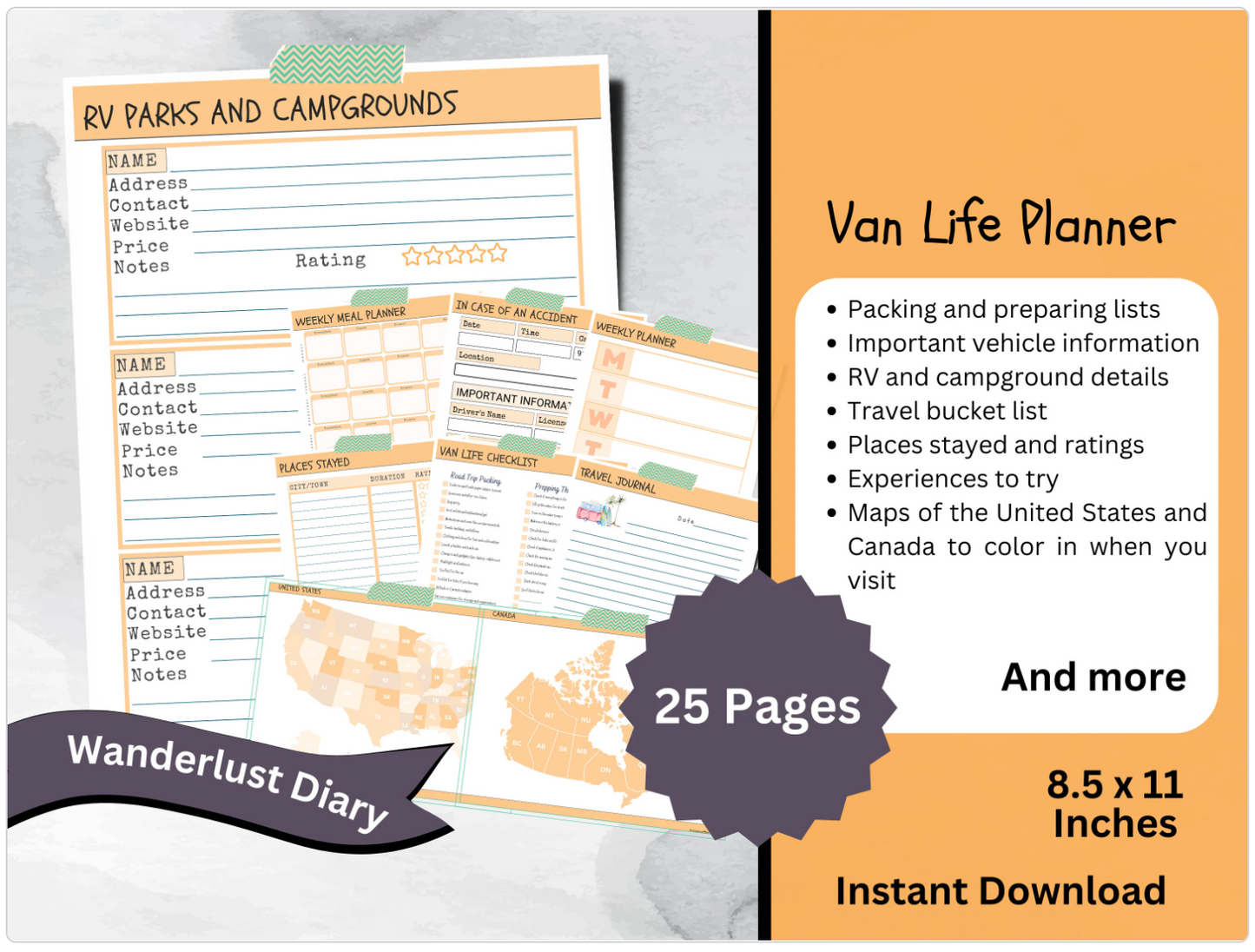 Printable Van Life Planner, Road Trip Travel Itinerary, RV Organization