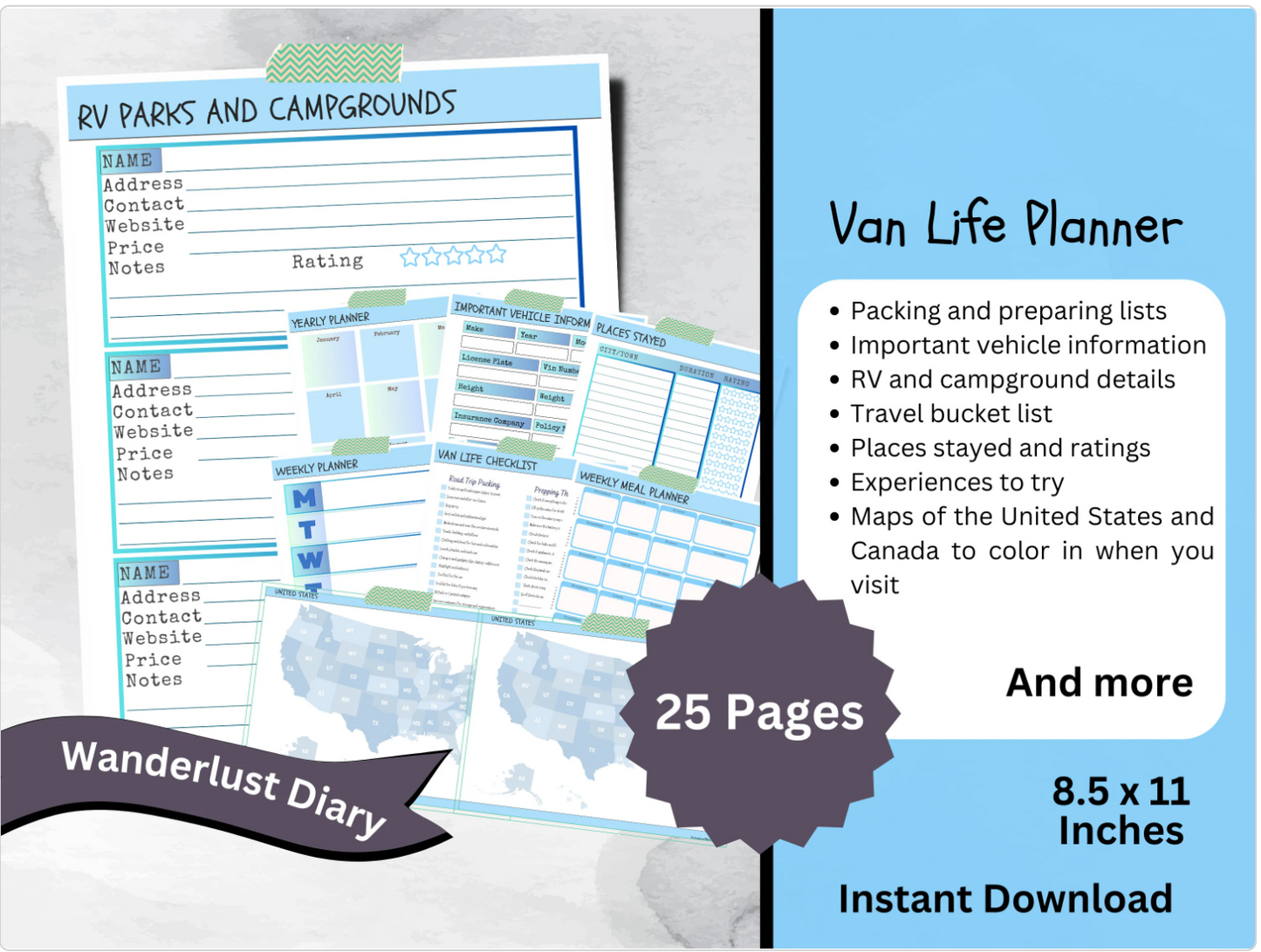 Printable Van Life Planner, Road Trip Travel Itinerary, RV Organization