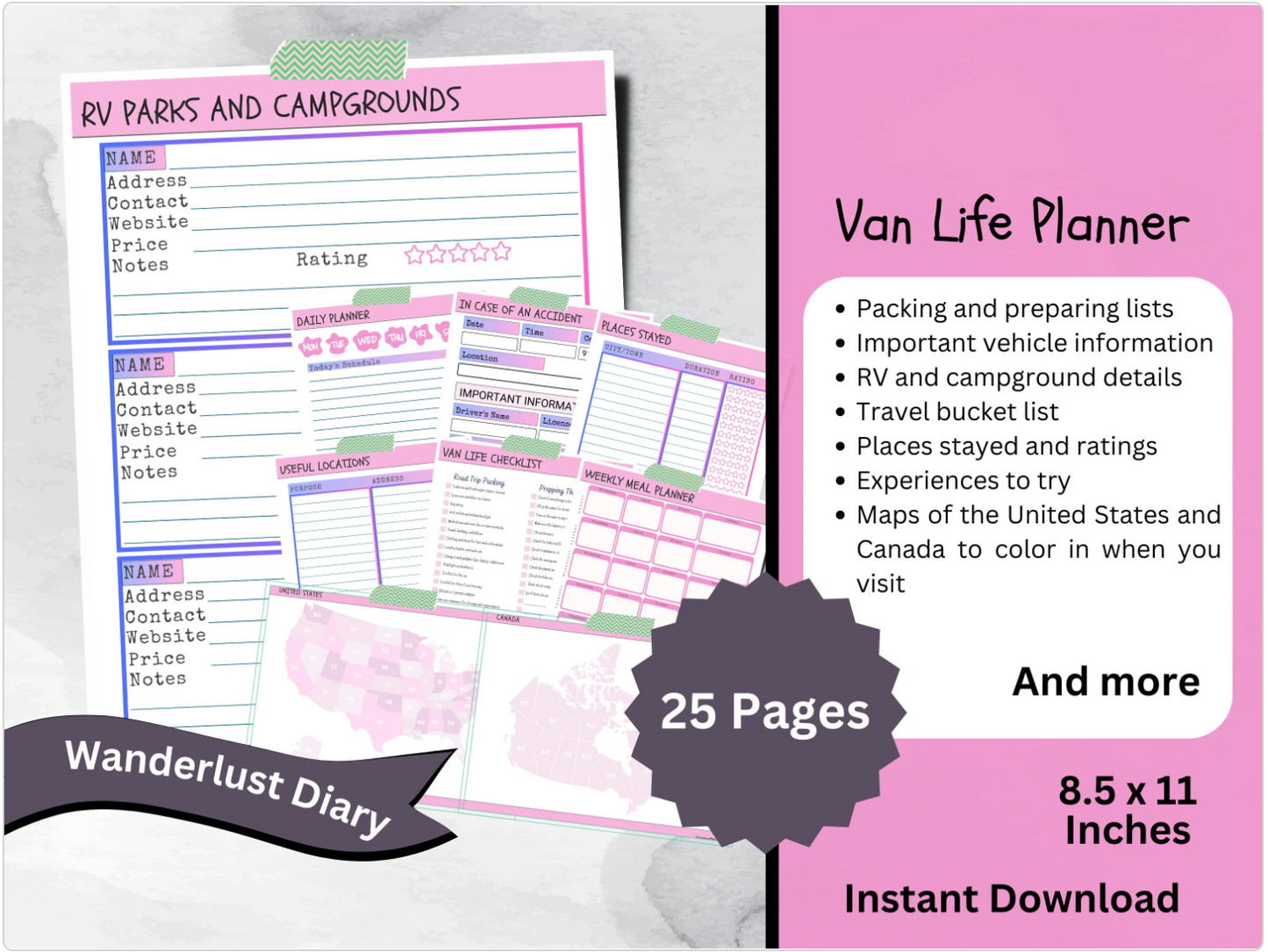 Printable Van Life Planner, Road Trip Travel Itinerary, RV Organization