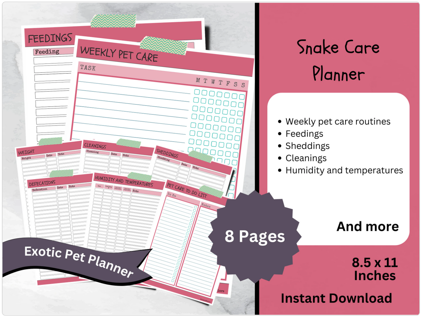 Snake and Reptile Printable Care Planner, Pet Health Log