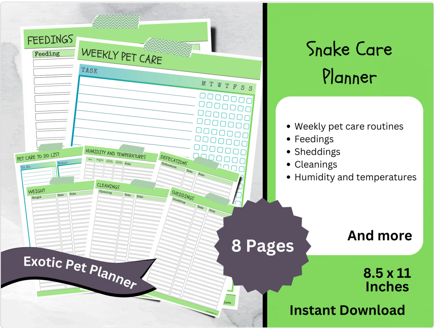 Snake and Reptile Printable Care Planner, Pet Health Log