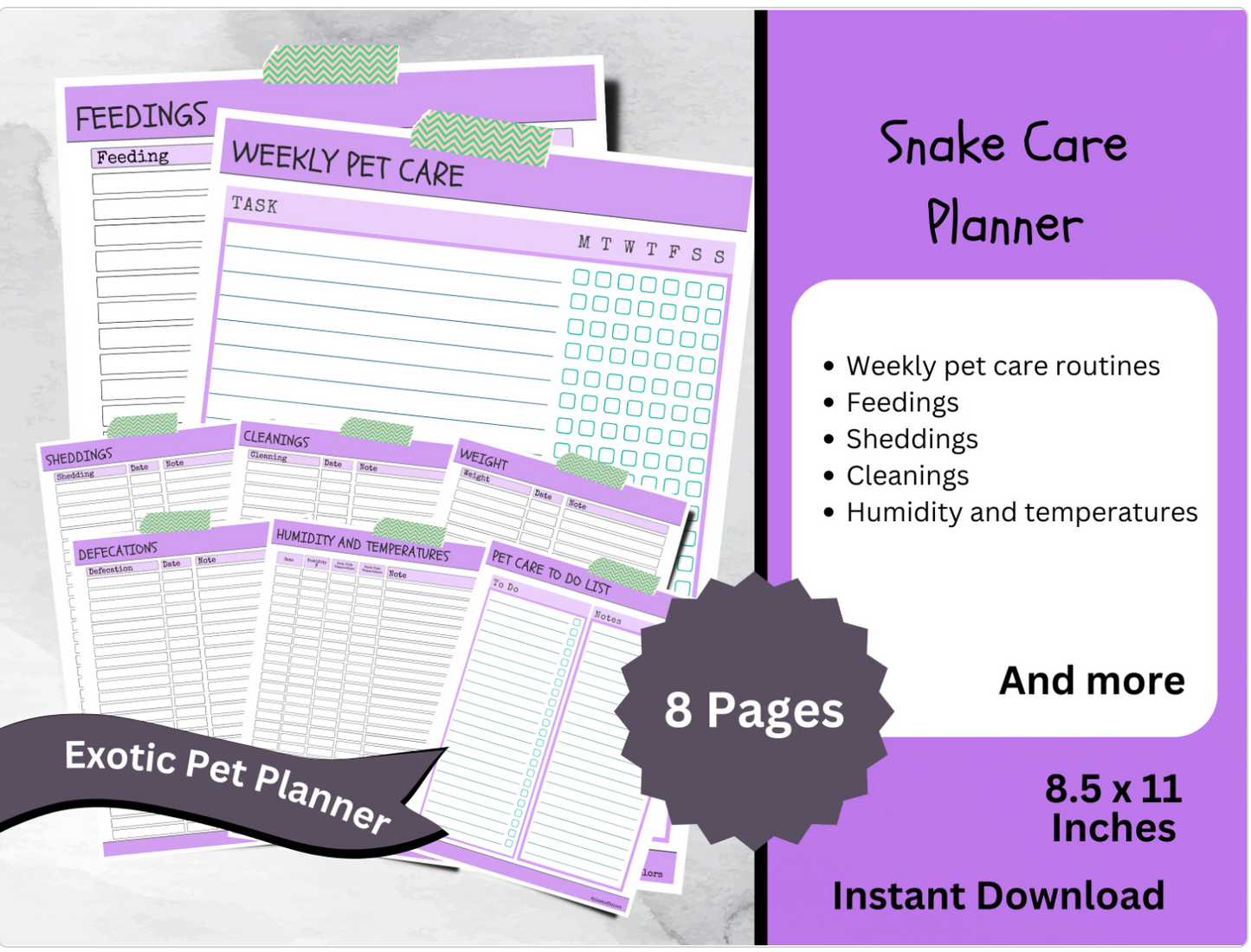 Snake and Reptile Printable Care Planner, Pet Health Log