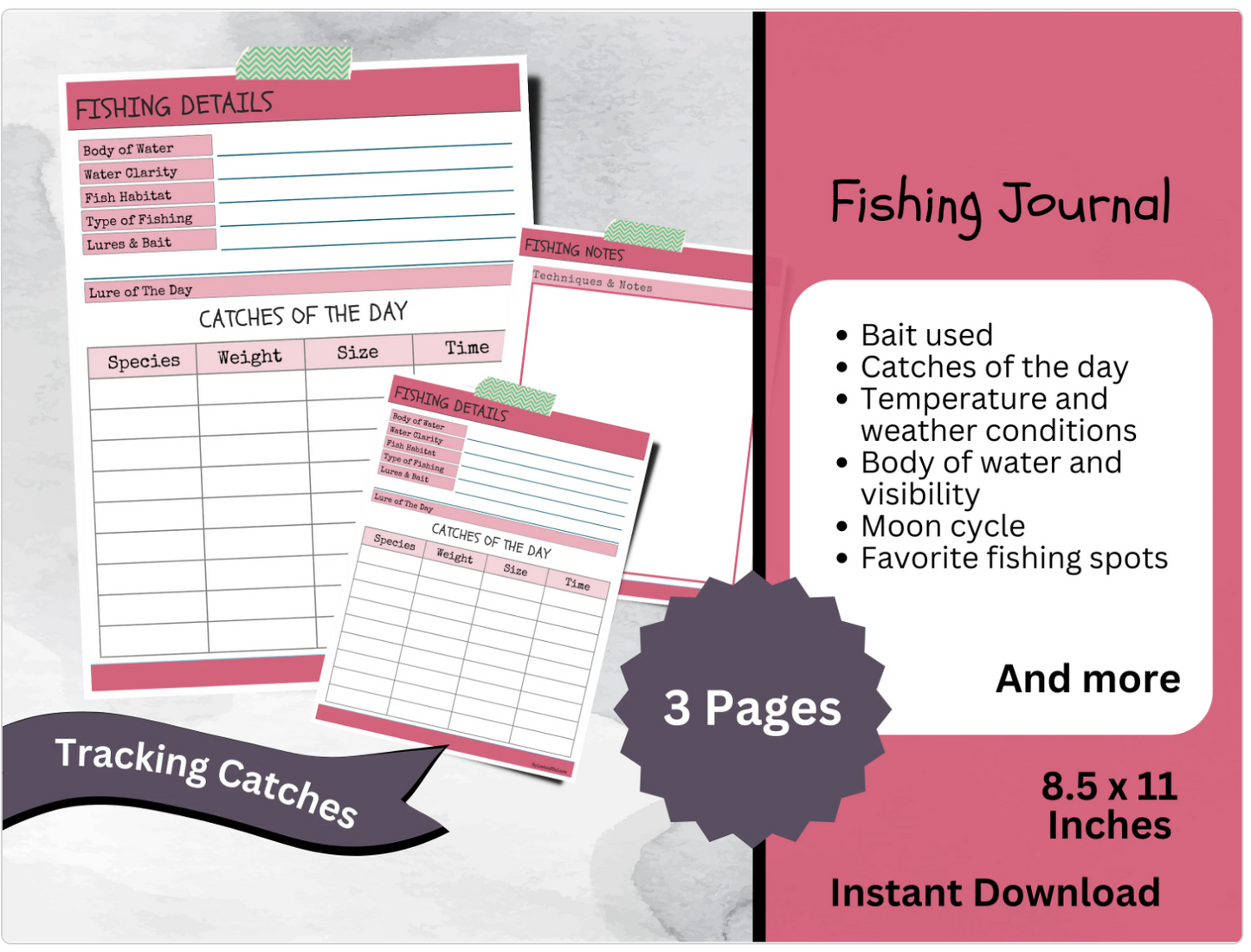 Printable Fishing Log Book With Tides & Moons, Angler Fisherman Diary