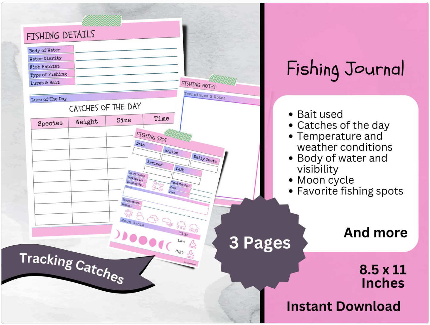 Printable Fishing Log Book With Tides & Moons, Angler Fisherman Diary