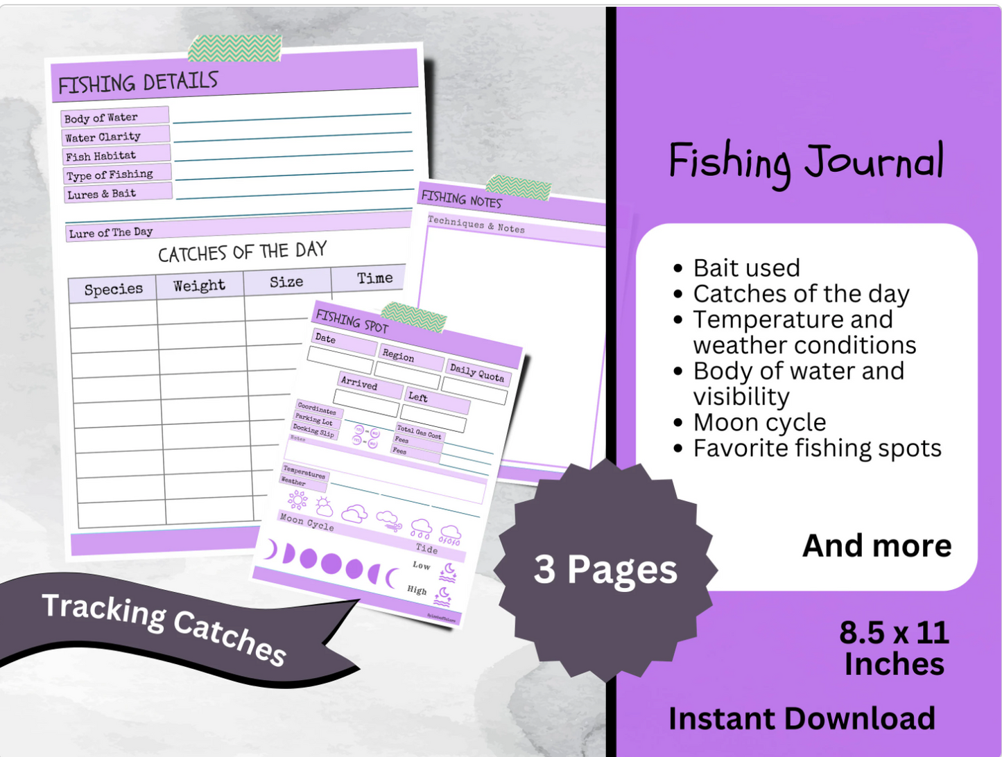 Printable Fishing Log Book With Tides & Moons, Angler Fisherman Diary