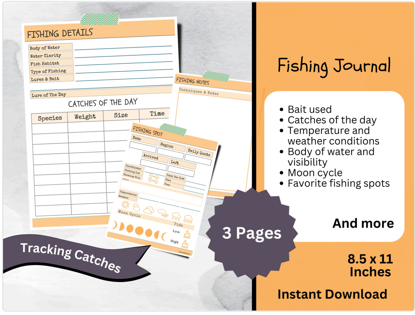 Printable Fishing Log Book With Tides & Moons, Angler Fisherman Diary