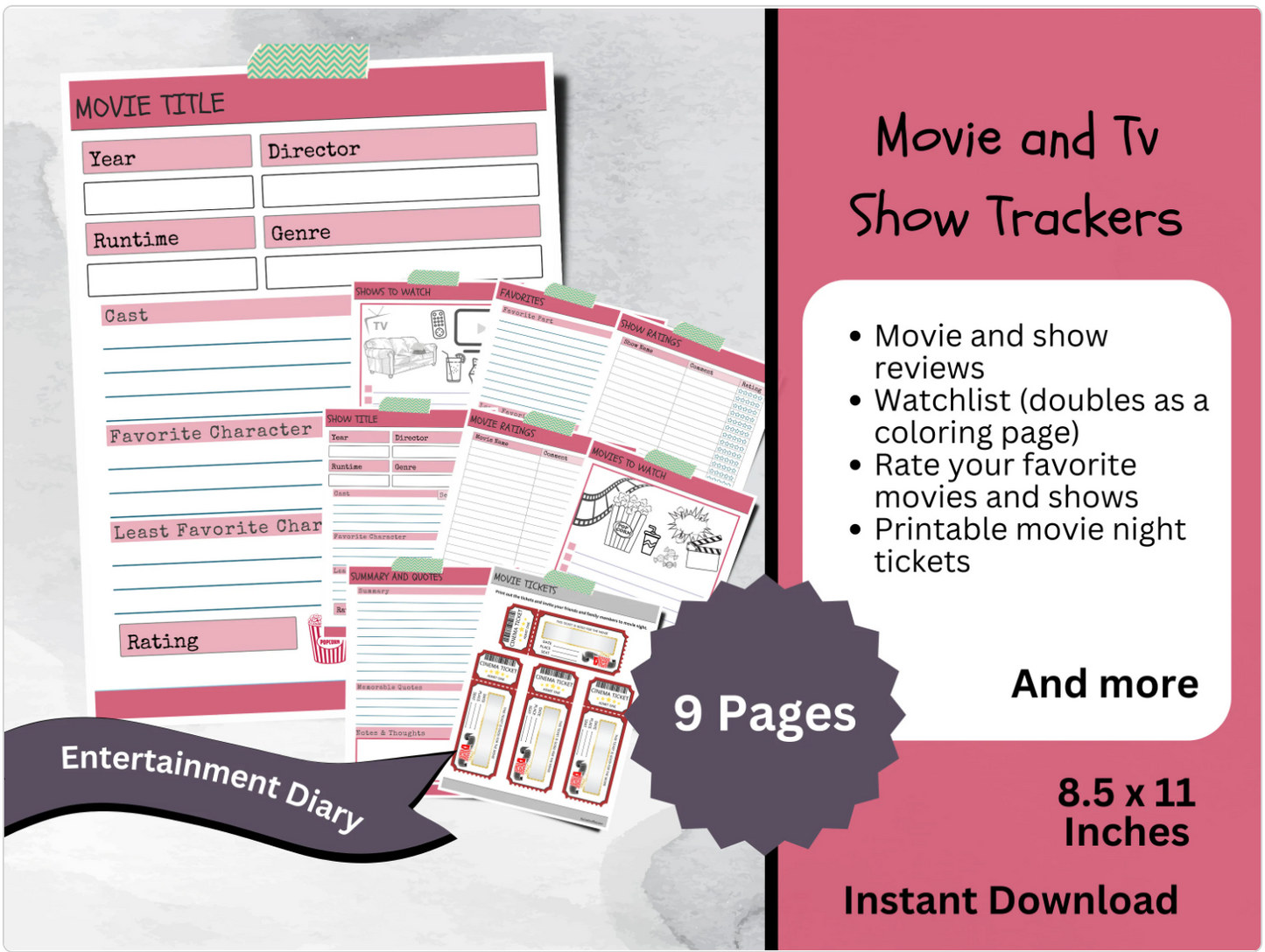 Printable Movie and TV Show Tracker, Entertainment Journal