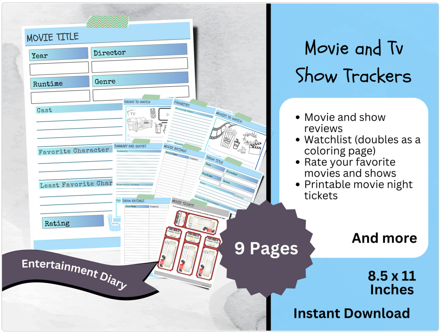 Printable Movie and TV Show Tracker, Entertainment Journal