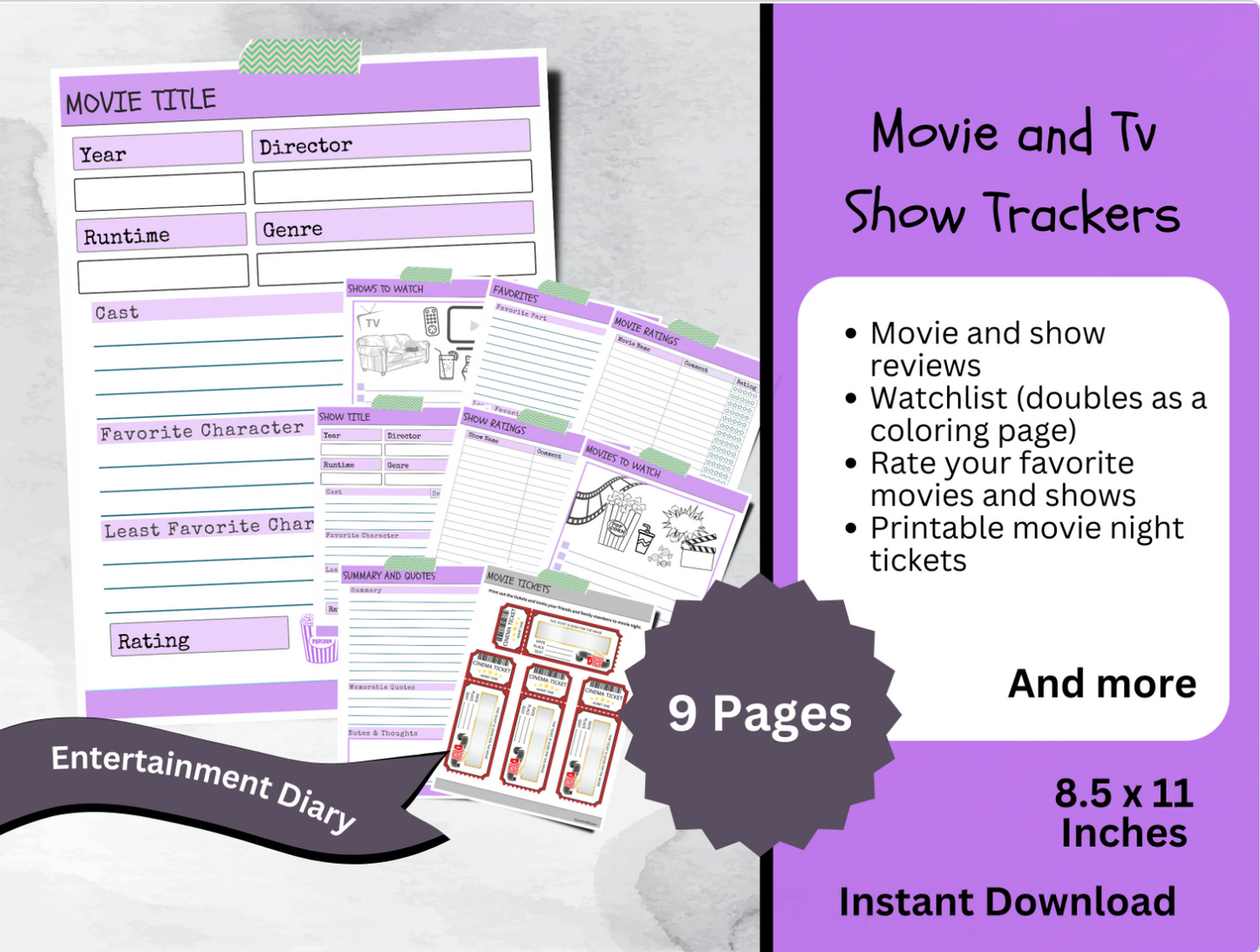 Printable Movie and TV Show Tracker, Entertainment Journal