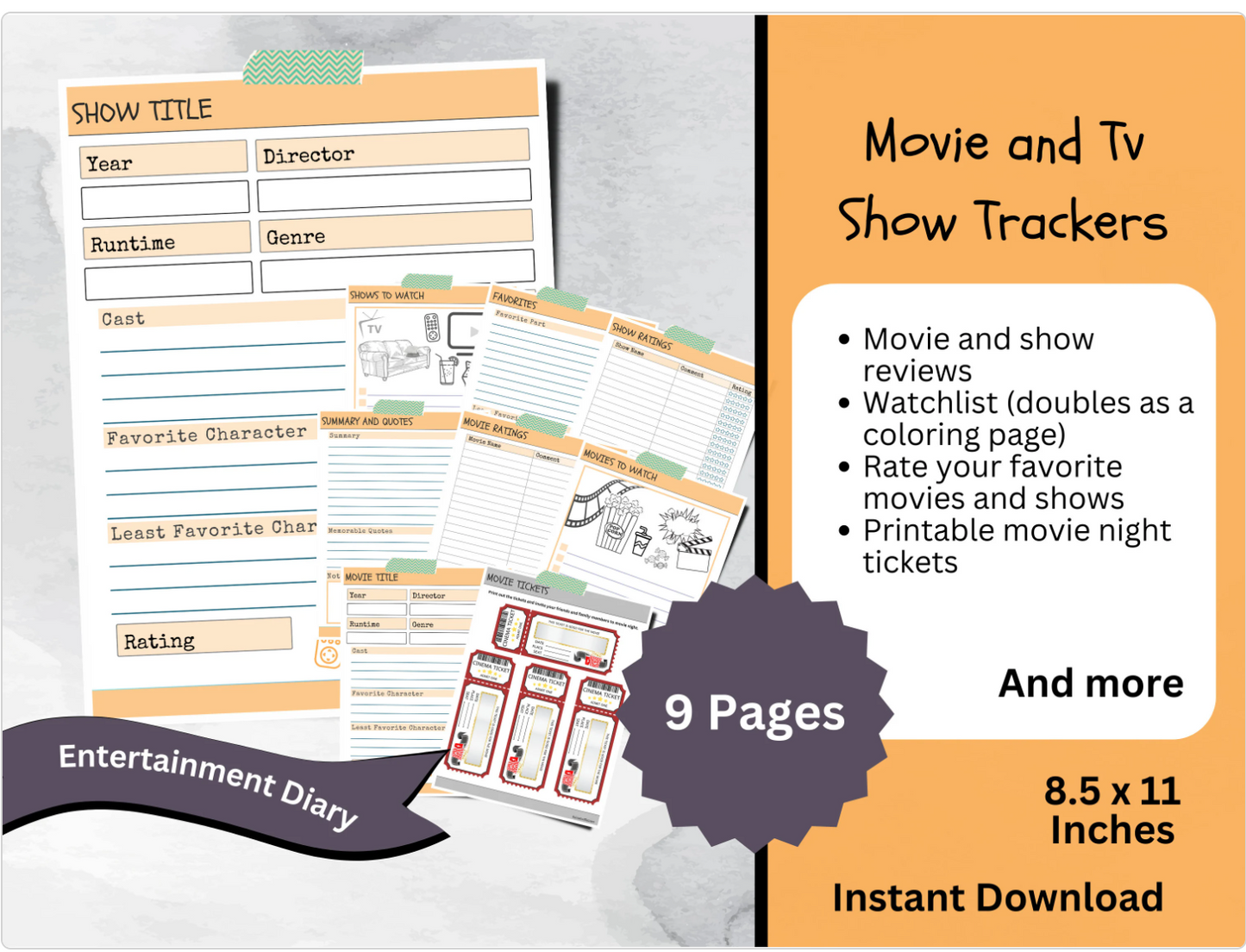 Printable Movie and TV Show Tracker, Entertainment Journal