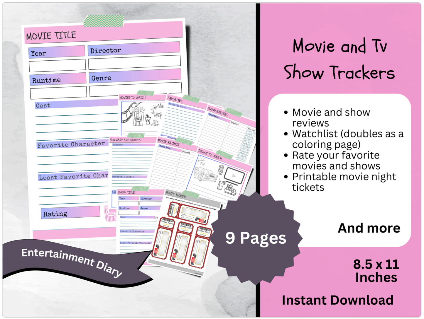 Printable Movie and TV Show Tracker, Entertainment Journal